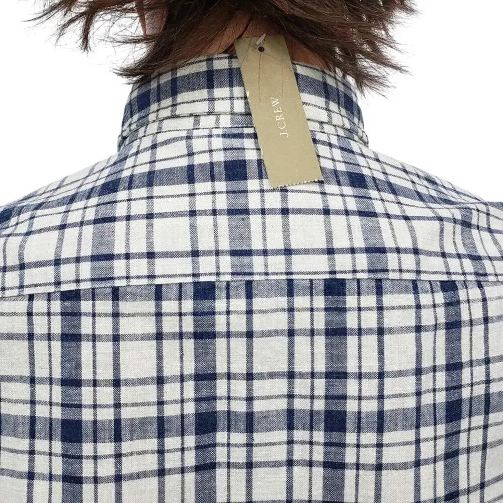 NWT J. Crew Shirt Men M Long Sleeves Button up Navy Blue Plaid Checks Preppy